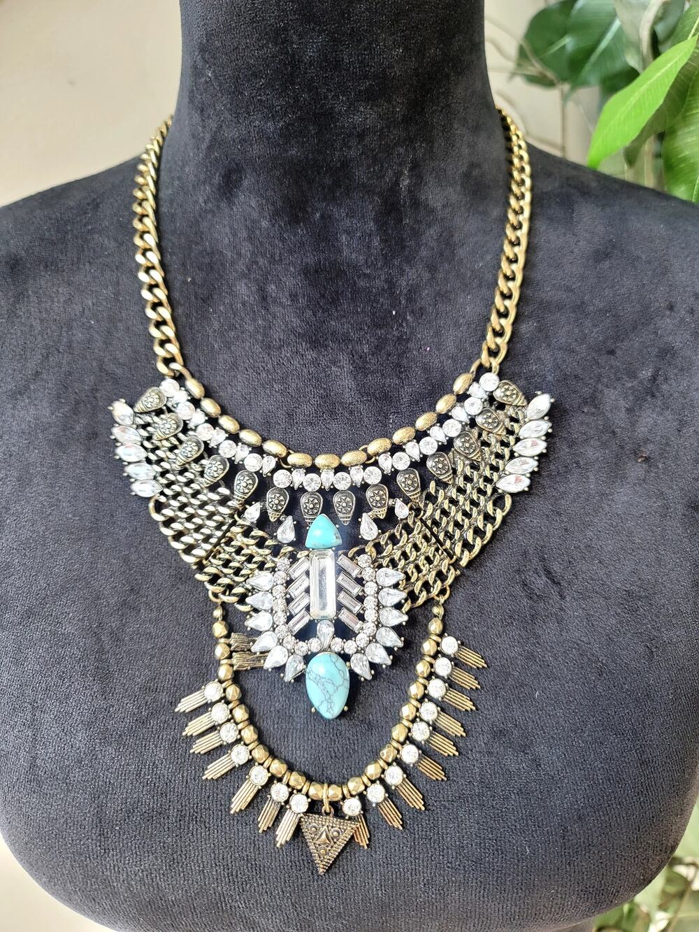 Gold Tone Blue Turquoise Rhinestone Layered Bib Statement Necklace Boho Jewelry